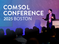 An advertisement for the COMSOL Conference 2025 Boston showing one presenter on stage.